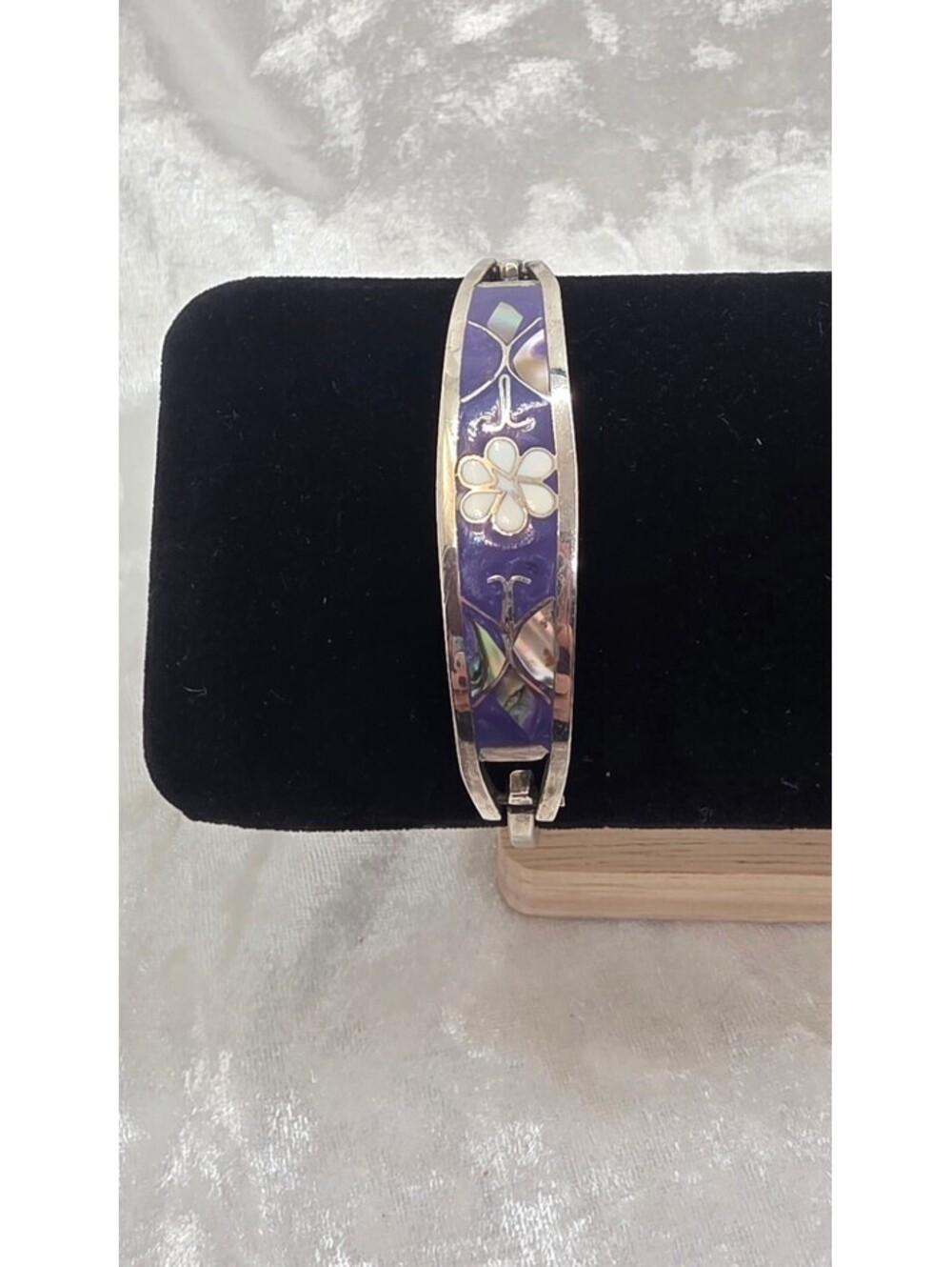 Vintage Alpaca Mexico Purple Floral Inlay Bracelet Mother of Pearl 6.5 Inch